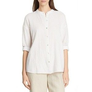 Eileen Fisher White Khaki Gauze Stripe Mandarin Collar Shirt - Size M